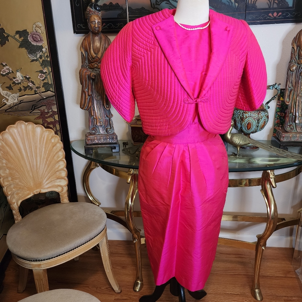 Vintage Pink Boogies Thai 100%  Puff Silk  Jacket  & Dress Set